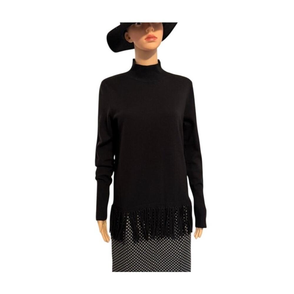 Carre Noir Mock Neck Fringe Sweater in Basic Black, Women's Size S/P